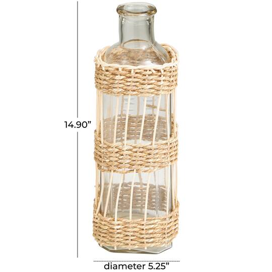 15" Clear Glass Handmade Vase with Light Brown Rattan Woven Body